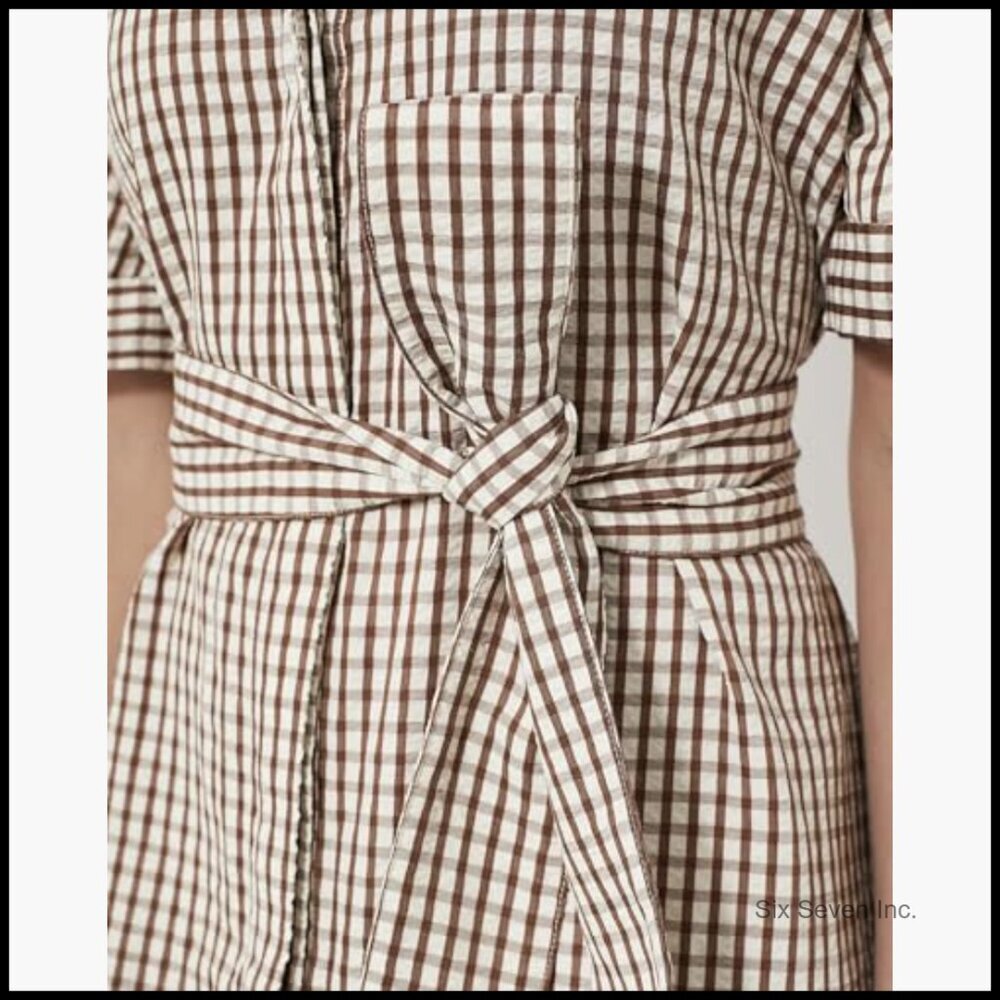 Half Sleeve Plaid Maxi Dress with Removable Belt and Pockets - Picture 4 of 7